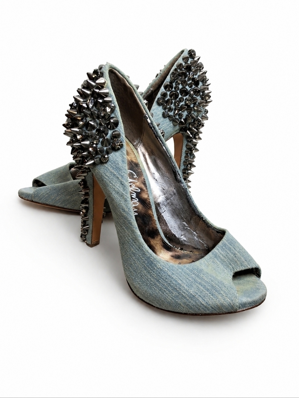Sam Edelman Blue Denim Studded Peep Toe Stiletto Heels Punk Club Shoes 7